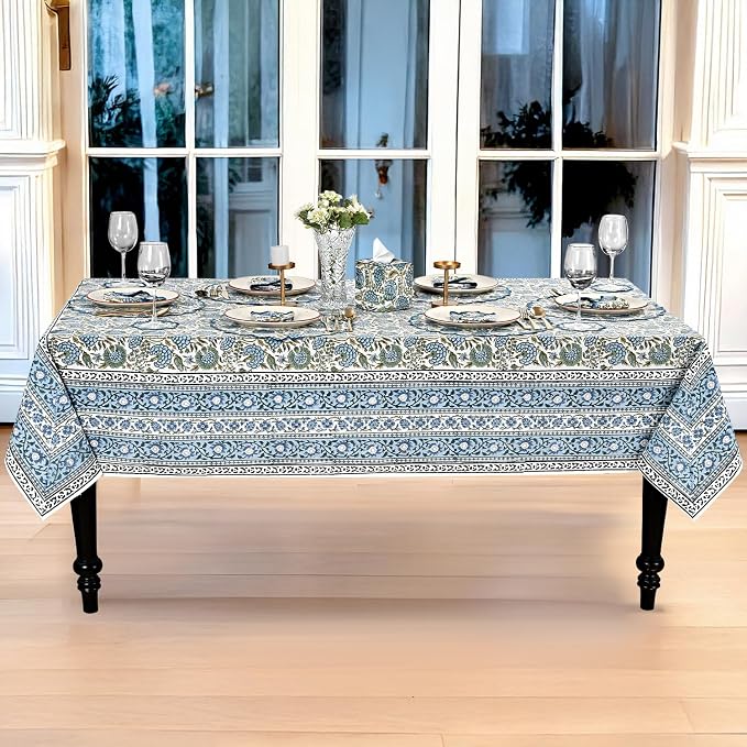 Ridhi Asparagus Green Hand Block Print Cotton Rectangle Tablecloth 140" x 72" inches Reusable Table Cover Decorative Everyday Use for Dining Room, Farmhouse, Home Gift for Spring, Mother's Day