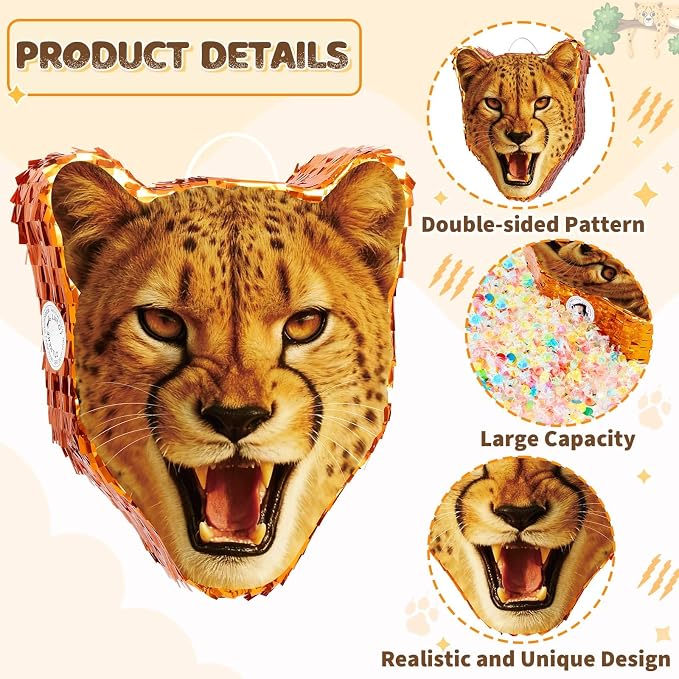 WERNNSAI Cheetah Piñata - Cheetah Party Decorations Jungle Leopard Piñata with Blindfold and Bat for Kids Boys Birthday Classroom Party Game Supplies Safari Birthday Decorations