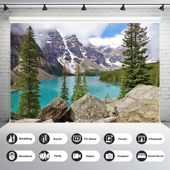 Mountain Lake Backdrop Banff National Park Moraine Lake Background Canadian Huge Rocks Snow Mountains Pine Trees Forest Photography Background Mountains Turquoise Water Backgrounds Props 15x10ft