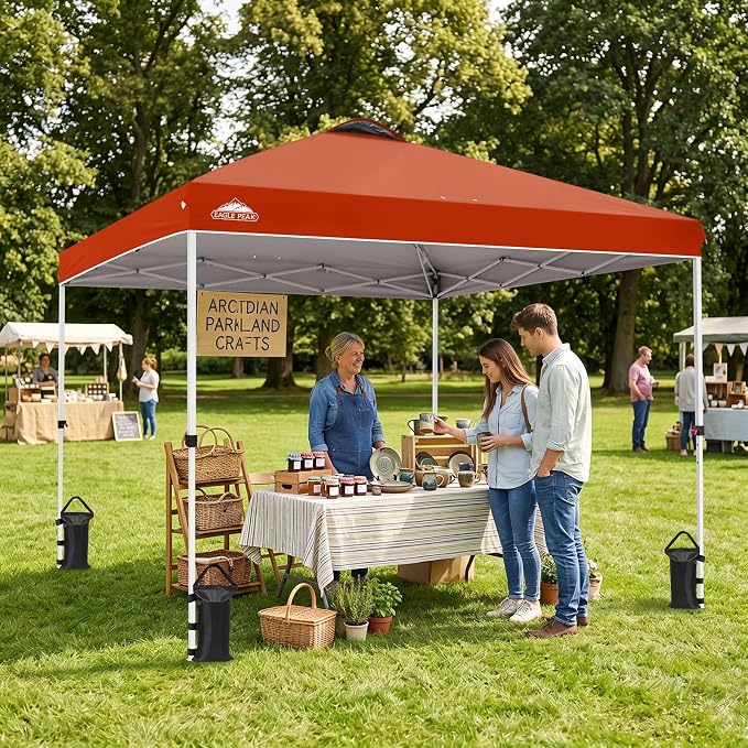 EAGLE PEAK Pop Up Canopy Tent with Wheeled Carry Bag, 8 Stakes, 4 Ropes, 4 Weight Bags, Easy Set Up Tent Canopy, 10x10 ft, 100sqft of Shade, Brick Red
