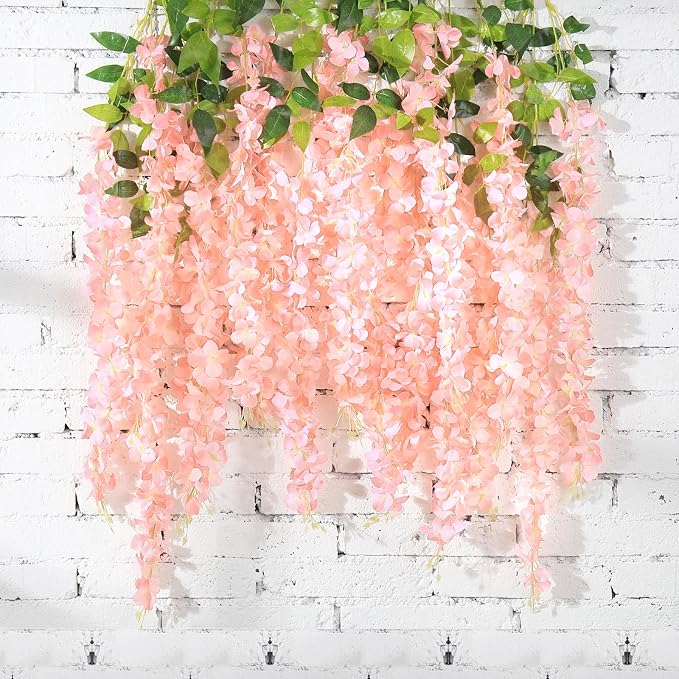 12Pcs Artificial Wisteria Hanging Flowers, 3.6Ft/Pcs Pink Fake Wisteria Garland for Wedding Party Home Garden Indoor Outdoor Decoration