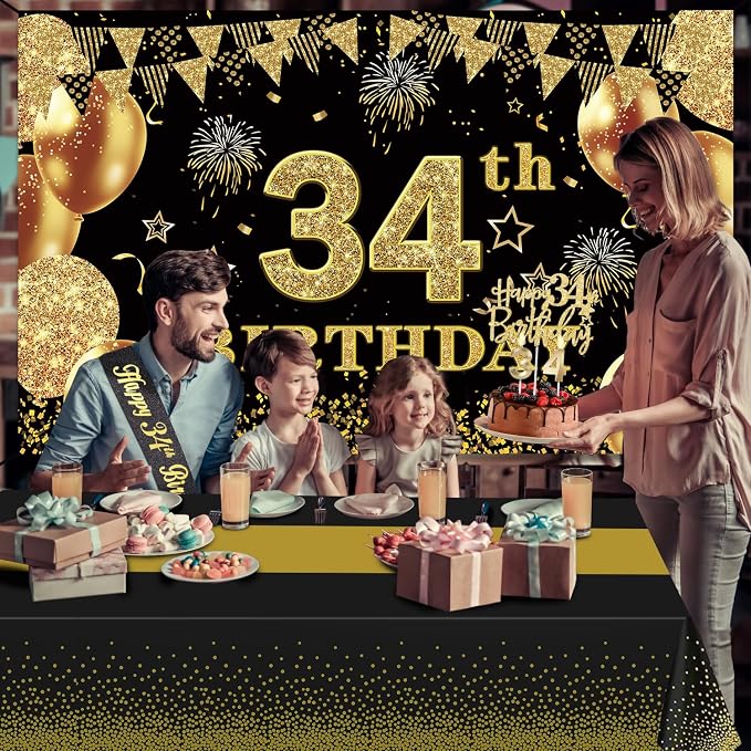 34th Birthday Decorations Men Women with 34th Birthday Banner, Black and Gold Table Cloth, Number Balloons, Large Sash, Cake Topper and Candles