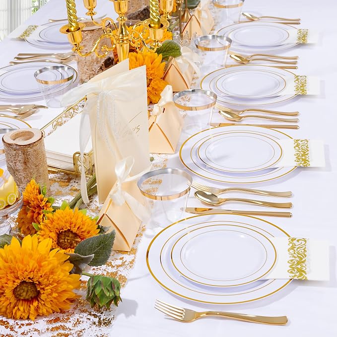 WELLIFE 700 Pieces Gold Plastic Dinnerware Set for 100 Guests - Includes Plates, Cups, Napkins, and Disposable Cutlery - Elegant White & Gold Design, Perfect for Parties and Events