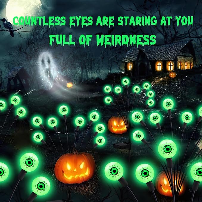 ASMAD Halloween Decorations Outdoor Solar Scary-Eyeball Lights, 4Pack 32LEDs Green Eyeball Swaying Firefly-Lights, Waterproof Solar-Path-Lights for Garden/Yard/Patio/Party Decor