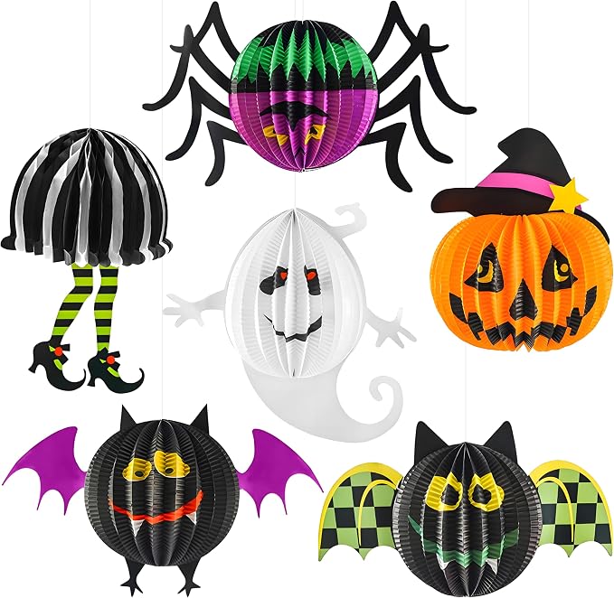 KatchOn, Hanging Halloween Decorations - Pack of 6 | Hanging Halloween Honeycombs for Halloween Ceiling Decorations | Halloween Hanging Bats, Pumpkin, Spider for Scary Halloween Decorations Indoor