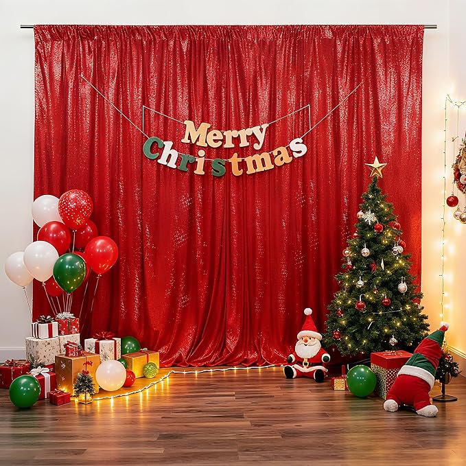 SquarePie 20x10ft Red Sequin Backdrop for Photography, Satin-Backed Real Sequin Curtain, Enhanced Coverage Shimmering Background with 4" Rod Pocket for Wedding, Birthday, Party Decor, 1 Panel