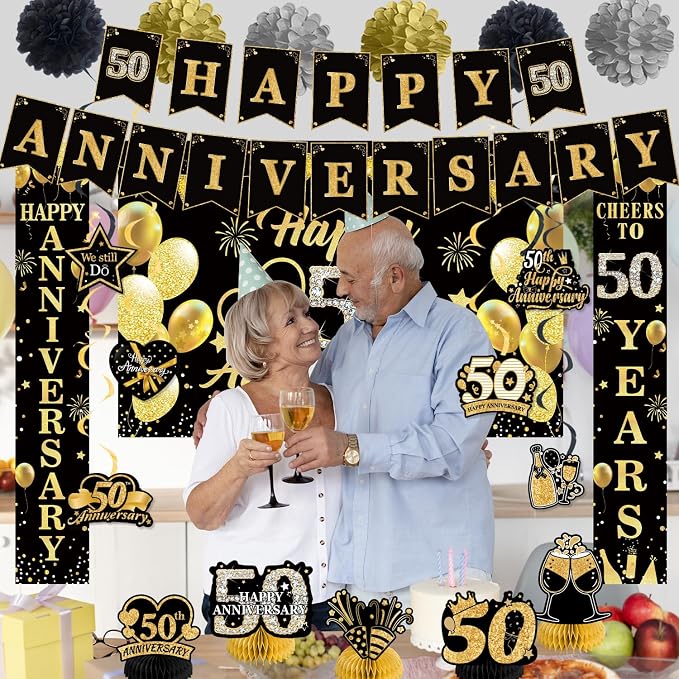 Happy 50th Wedding Anniversary Decorations Kit, Black Gold Happy 50th Anniversary Party Supplies Door Banner Decorations, Backdrop, Table Centerpieces, Hanging Swirl, Paper Pompoms