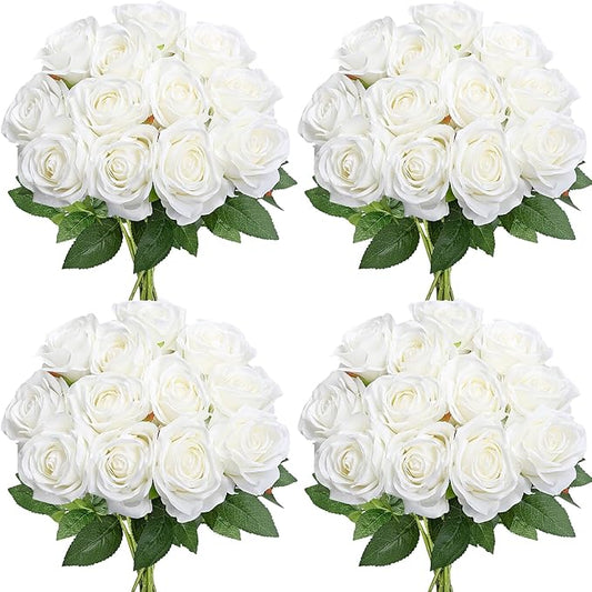 48 PCS Ivory White Roses Artificial Flowers - Fake Silk Floral with Long Stems Bulk for Table Centerpieces DIY Bouquet Arrangements Wedding Party Bridal Shower Vase Decorations