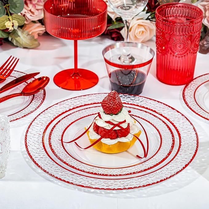 Ciaell 350 PCS Clear and Red Plastic Plates – Red Dinnerware Set for 50 Guests Include 100 Plastic Plates, 50 Pre Rolled Napkins with Cutlery Set, 50 Cups for Wedding & Party & Mother's Day
