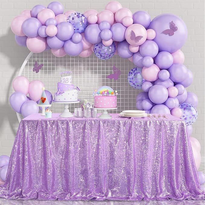 B-COOL Sequin Tablecloth 90x90inch Lilac Square Lavender Sequined Fabric Drapes Shiny Party Tablecloth Glitter Table Cloth Wedding Table Decorations