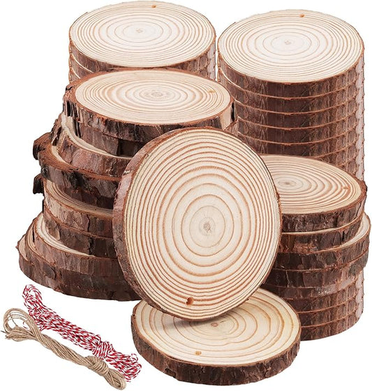 40 Pieces Wood Slices, 3.5-4 Inch Unfinished Wood Circles with Bark and Hole for DIY Crafts