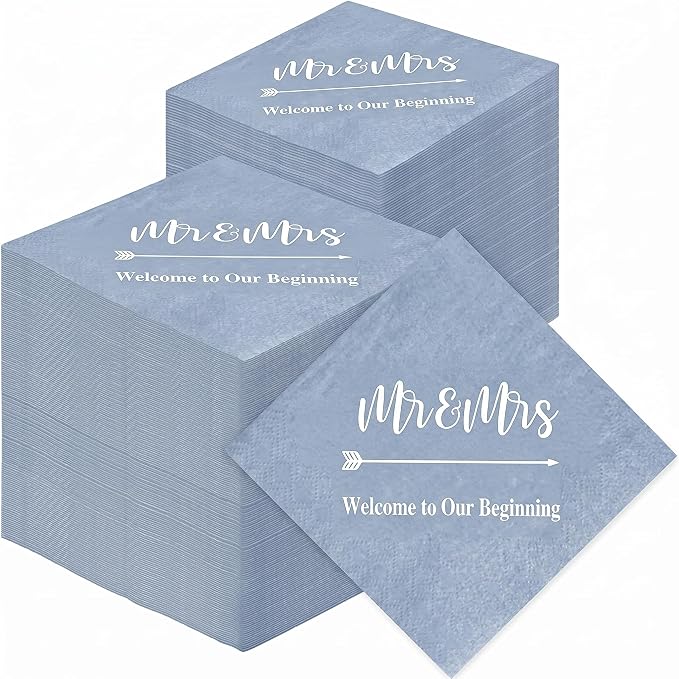 Teling 400 Pcs Wedding Napkins for Reception, 3 Ply Mr Mrs Wedding Cocktail Napkins for Engagement Bridal Shower Party Supplies Beverage Dessert Table Decorations(Haze Blue)