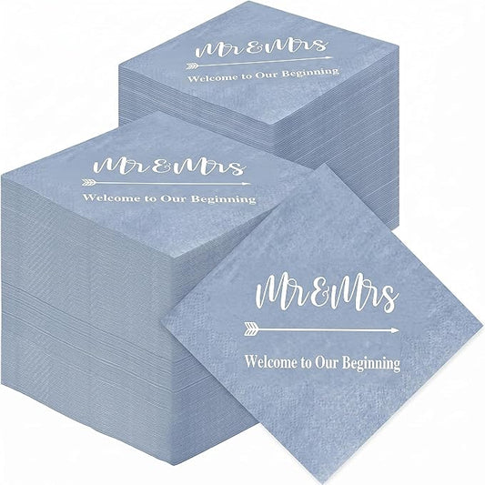 Teling 400 Pcs Wedding Napkins for Reception, 3 Ply Mr Mrs Wedding Cocktail Napkins for Engagement Bridal Shower Party Supplies Beverage Dessert Table Decorations(Haze Blue)