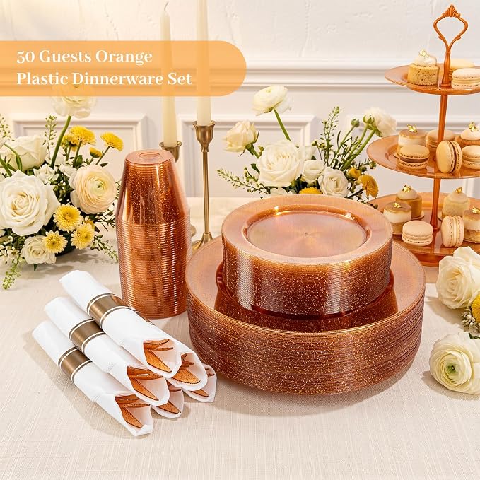 DaYammi 350PCS Orange Glitter Plastic Dinnerware Set for 50 Guests, Fancy Disposable Plates for Party, Include: 50 Dinner Plates, 50 Dessert Plates, 50 Pre Rolled Napkins with Silverware, 50 Cups