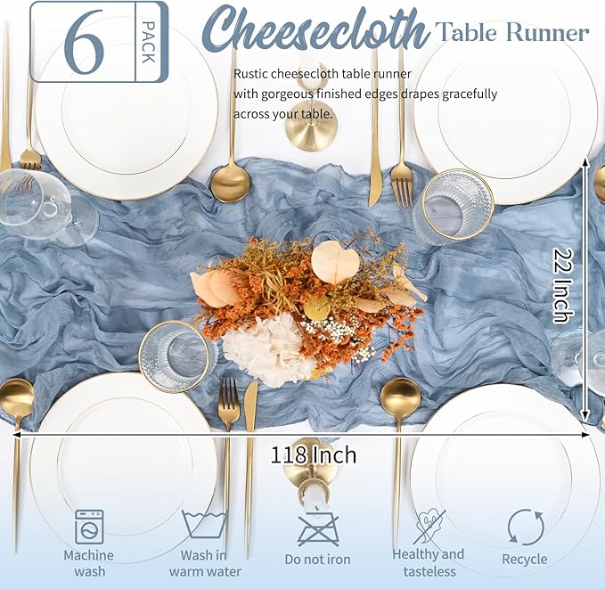 6 Pack Dusty Blue Table Runner 10FT Long Cheesecloth Table Runner Cheese Cloth Gauze for Wedding Party Birthday Decoration-Dusty Blue