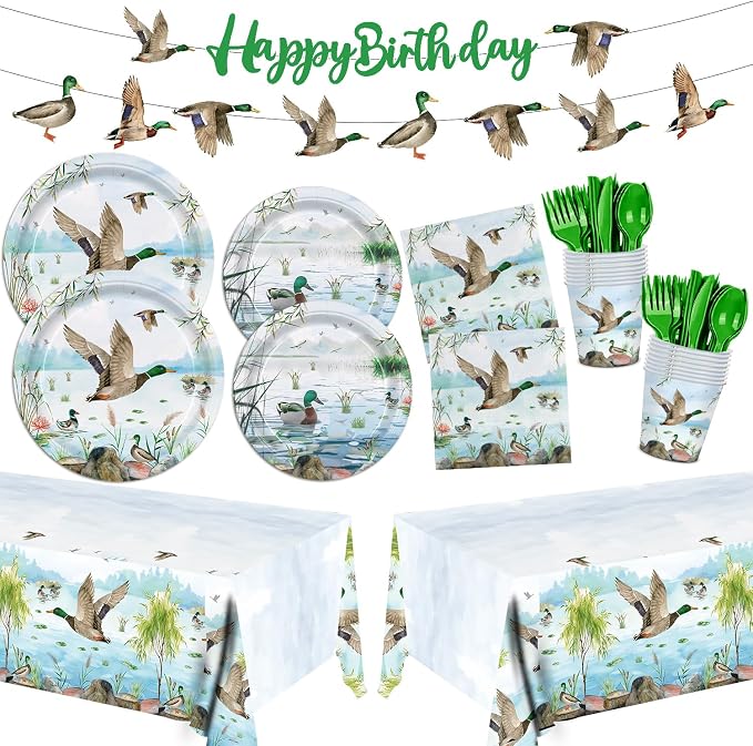 171pcs Mallard Duck Party Supplies Mallard Duck Party Plates Napkins Tableware Set Disposable Paper Cups Green Forks Tablecloth and Banner Duck Hunting Birthday Party Decorations Serves 24