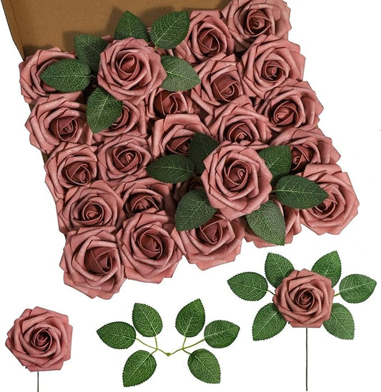 DuHouse 25Pcs Artificial Roses Flowers Fake Rose with Stems Real Touch Foam Flowers for DIY Wedding Bouquet Party Centerpiece Floral Arrangement Party Home Decor(Dusty Rose)