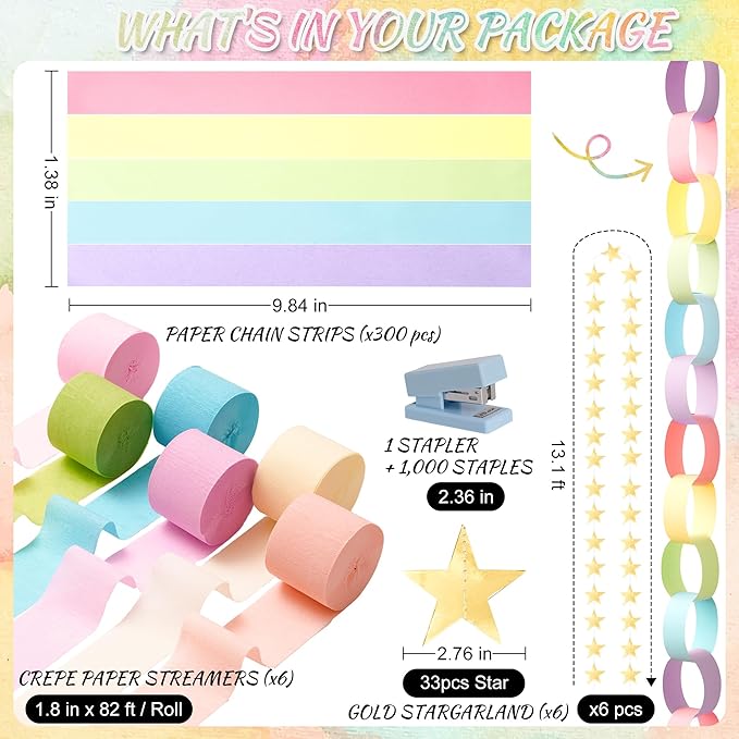 Gleebixi Pastel Birthday Party Decorations Kit with 492ft Crepe Paper Streamers, 300 Sheets Paper Chain Strips and 78.6ft Gold Star Garland for Hanging Decor