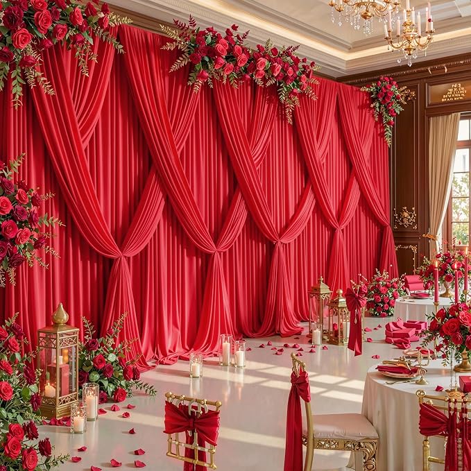 20ftx12ft Wrinkle Free Red Backdrop Curtain, 4 Panels 12FT Long Wedding Photo Backdrop Drapes, Silky Polyester Back Drop Cloth for Birthday Photography Background Party Backdrop Draping