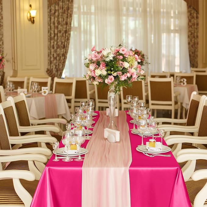 TURSTIN 4 Packs Hot Pink Satin Tablecloth 102 x 58 Inch Overlay Satin Table Cover Rectangle Bright Silk Tablecloth Smooth Fabric Table Decoration for Wedding Banquet Party Events