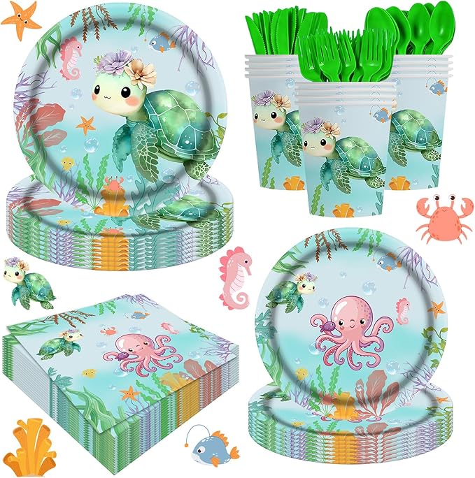 140Pcs Sea Turtle Birthday Decorations Ocean Sea Party Tableware Turtle Plates Napkins with Sea Animal Cups for Under the Sea Baby Shower Turtle Pool Party Supplies
