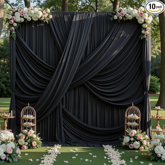 50ft×12ft Black Backdrop Curtain for Wedding Parties, 10 Panels Wrinkle Free Polyester Photo Backdrop Drapes Back Drop Cloth for Birthday Photography Background