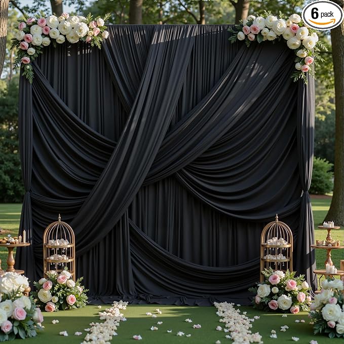 30ft×12ft Black Backdrop Curtain for Wedding Parties, 6 Panels Wrinkle Free Polyester Photo Backdrop Drapes Back Drop Cloth for Birthday Photography Background