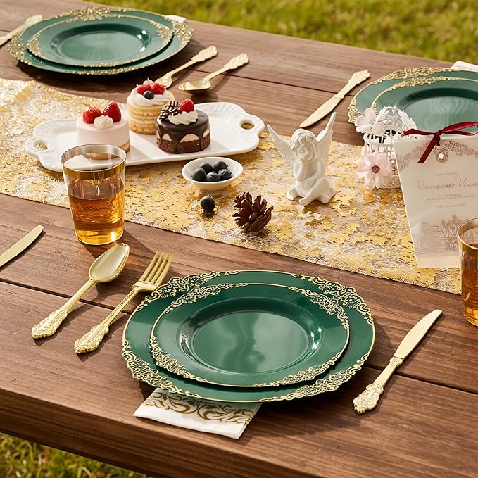 Fijinhom 350pcs Green Plastic Plates, Elegant Disposable Dinnerware Set, 125 Pieces, White and Gold, Plates, Cups, Cutlery and Napkins (Green, 50 Guests)