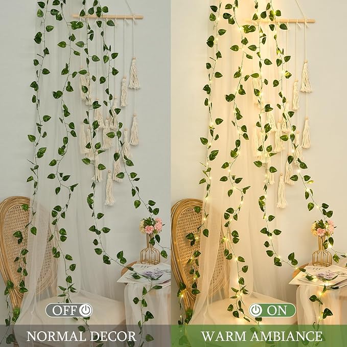 JMEXSUSS 33 FT 100 LED Vines with Lights USB/Battery Operated, Pothos Vines with Fairy Lights with Remote, Fake Leaf Lights for Bedroom Classroom Wall Dorm Wedding Decor (Warm White)