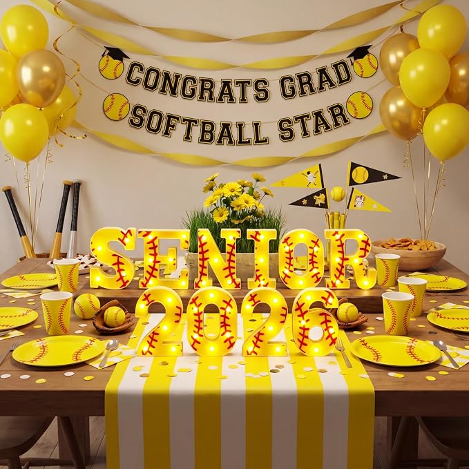 Honoson 10 Pcs Softball 2026 Senior Night Decorations Lights up 2026 Senior Sign Softball Graduation Theme Party Lights for High School College Grad Party Supplies
