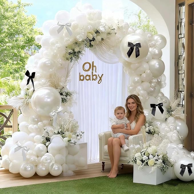 Pearl White Balloon Arch Kit,Double Stuffed White Pearl Balloon Garland Different Sizes 5/12/18 Inch with Black and White Bow for Baby Shower Baptism Wedding Birthday Engagement Party Decoration