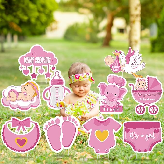 12 Pcs Baby Shower Yard Sign with Stake Gender Reveal Yard Sign Pink Stork Elephant Lawn Decoration Its a Girl Lawn Decor Welcome Baby Girl Announcement Decor for Outdoor Gender Reveal Party