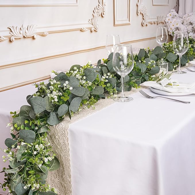 2 Pcs Artificial Eucalyptus Garland,5.9FT Greenery Garland with White Flowers,Faux Silver Dollar Fake Vines Hanging Green for Table Centerpieces Arch Wedding Backdrop Party Indoor Outdoor Decoration