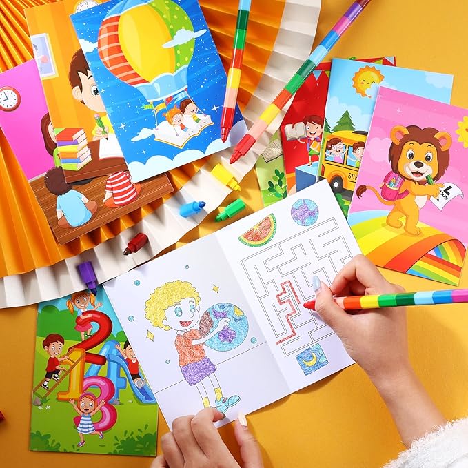 BenLouis 24 Preschool Kindergarten Mini Coloring Books Kids with 24 Stacking Crayons Graduation Party Favors Activity Books Bulk for Kids Birthday Return Goodie Bag Gift Stuffer Classroom Reward