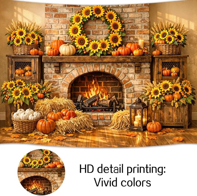 10 x 8 ft Fall Backdrop Fall Fireplace Harvest Pumpkins Maple Leaves Sunflower Background Rustic Friendsgiving Thanksgiving Family Party Decorations Backdrop Photo Props Supplies
