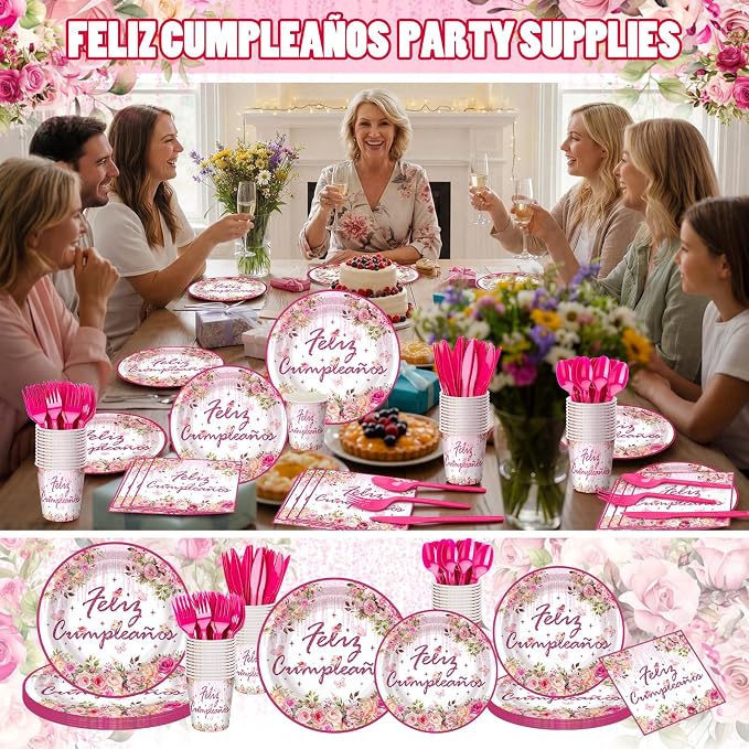 168 Pcs Mexican Birthday Party Decorations for Women Pink Floral Birthday Plates and Napkins Fiesta Party Tableware Sets Serves 24 Cinco De Mayo Supplies