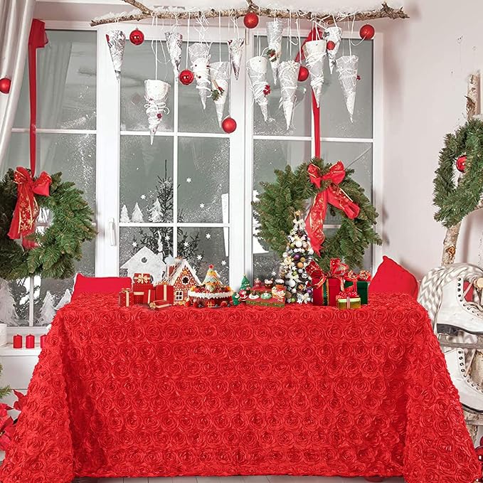 Fanqisi Red Tablecloth Rectangle Party Table Cloths 90x156 Inches Satin Floral Table Cover for Wedding Baby Shower Home Decor