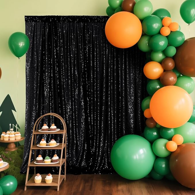 PartyDelight Black Sequin Backdrop Curtains 2x8ft 4 Panels | 3mm stitched sequin curtain with 4 inch rod pocket for 2x8ft 4 panel fuller wall coverage pleated backdrop and 8ft stand