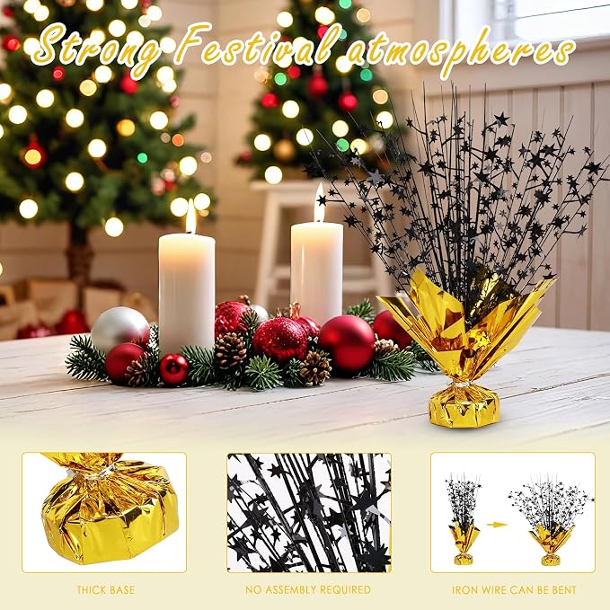 8 Pack Metallic Star Spray Centerpieces for Tables - Bulk 12.4" Foil Fountain Table Decorations for Large Events, Graduation 2026, Wedding Reception (Glod Black)