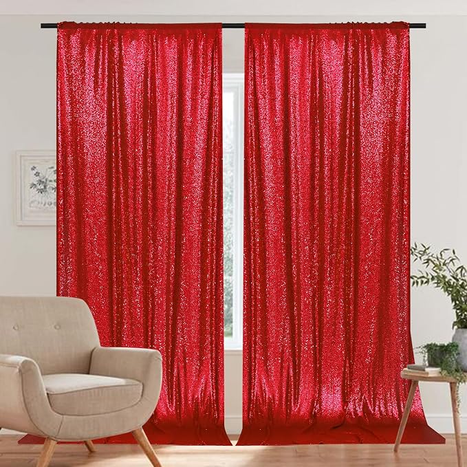 PartyDelight Red Sequin Backdrop 5x10ft 2 Panels 4 Inch Rod Pocket | 3mm stitched red sequins on mesh backing with 4 inch rod pocket for wide reception walls head tables stages and layered event