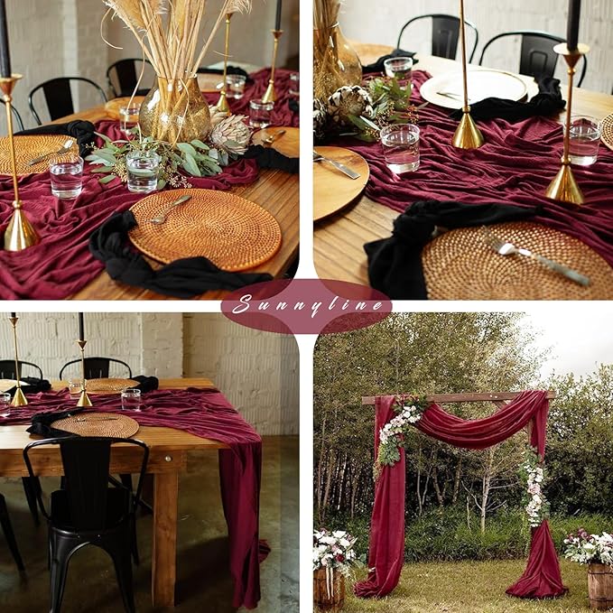 10FT Burgundy Cheesecloth Table Runner Gauze Fabric Boho Cheese Cloth Table Runner Rustic Semi Sheer Runner for Wedding Holiday Bridal Shower Birthday Party Table Decor (35 x 120 Inches Long)