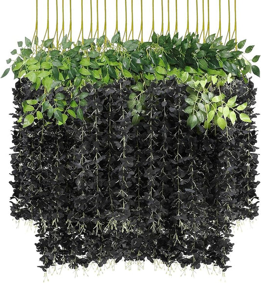 U'Artlines 24 Pack (Total 86.4 Feet) Artificial Fake Wisteria Vine Rattan Hanging Garland Silk Flowers String Home Party Wedding Decor (24, Black)