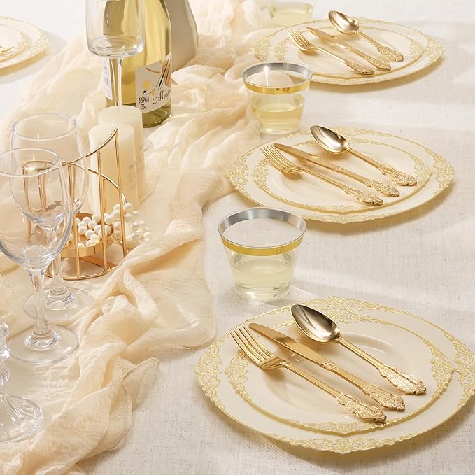 Goodluck 250 PCS Vintage Ivory & Gold Rim Plastic Plates with Cutlery Set - Serves 50 - Heavy Duty Elegant Disposable Dinnerware for Rustic Wedding, Boho Party, Tea Party