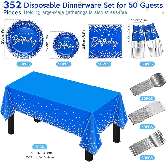 352 Pcs Blue and Silver Birthday Party Tableware Set for 50 Guests Silver Dot Paper Plates Cups Napkins Plastic Tablecloths Forks Knives Spoons Blue Party Supplies for Birthday Wedding Decorations