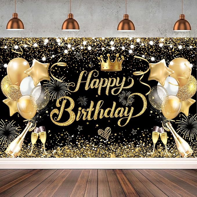 Black Golden Happy Birthday Party Balloons Decorations Set, 80 PCS | with Photo Background Backdrop, Happy Birthday Sign Banner Cloth, 3 PCS 18inch Metal Gold Balloons, Gold Confetti Balloons