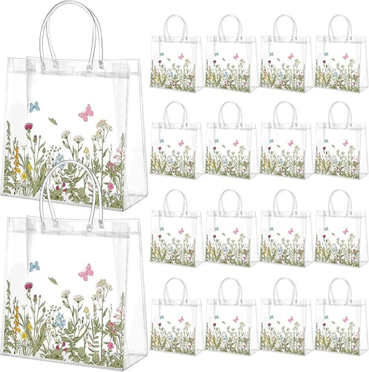 Kacctyen 24 Pcs Gift Bags for Party Favor Clear Goodie Bags with Handle 7.87 x 7.87 x 3.15 Return Gift Wrap Totes for Guests Treat Candy Wrapping(Vintage Wildflowers)