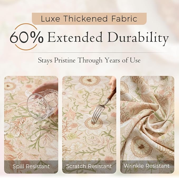 French Thick Linen Tablecloth for Rectangle Tables, Pink Floral Waterproof Wipeable Decorative Table Cover for Dining Kitchen Indoor Outdoor, 67" x 118" 10-12 Seats