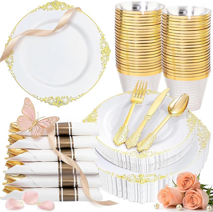 Nervure 175PCS White and Gold Plastic Plates - Disposable Dinnerware Set Include 50 Gold Plates for Dinner and Dessert, 75 Cutlery, 25Cups 25Napkins for Wedding & Party & Mothers Day