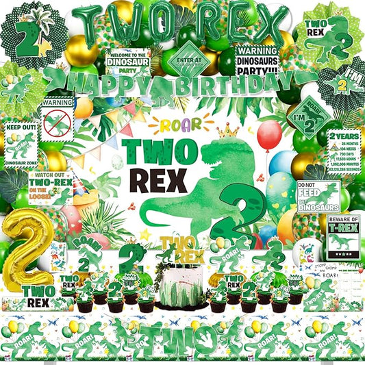 Two Rex Birthday Decorations Boy for 2nd Boys, 131Pcs 2 Rex Dinosaur Dino Party Decor Supplies - Backdrop, Banner, Tablecloth, Centerpieces, Temporary Tattoos, Fans Pompoms, Wall Signs