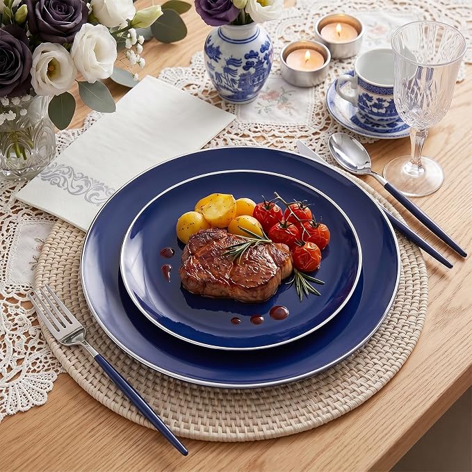 KIRE 175Pcs Blue Plastic Plates with Silver Rim & Disposable Silverware with Blue Handle & Silver-rim Cups & Hand Napkin & Plastic Dinnerware for Parties/Wedding/4th of July